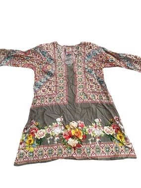 Johnny Was Floral Cotton Tunic Dress Light Brown Grayish Size M Women